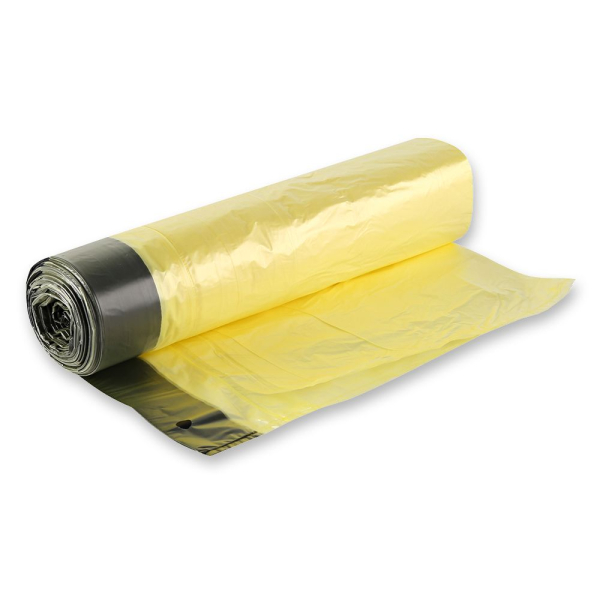 Müllbeutel mit Zugband 60 l aus HDPE auf Rolle – 12 my, 640 x 710 mm, gelb-schwarz, 50x20 Stück