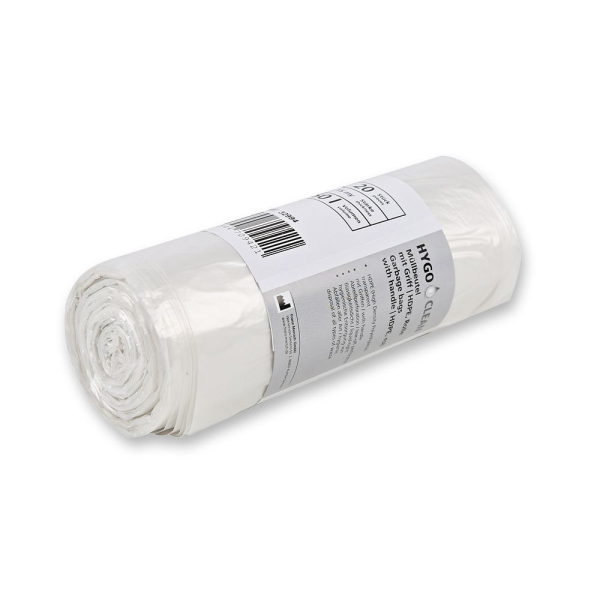 Müllbeutel mit Griff 50 l aus HDPE auf Rolle – 15 my, 200 + 600 x 720 mm, transparent, 30x20 Stück