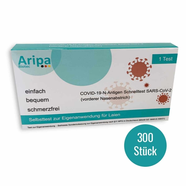 300 St. Aripa Biotec 1er Test COVID-19-N-Antigen Schnelltest (Nasaltest) Selbsttest für Laien