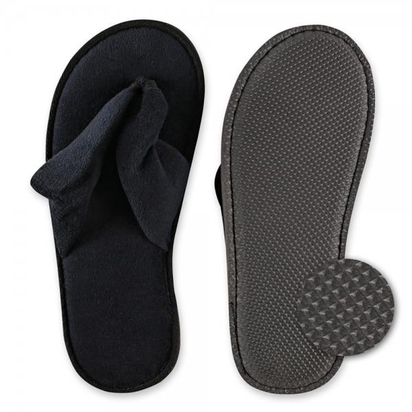 Slipper Black Deluxe offen Velour schwarz – Hotelslipper mit Fersenpolsterung, EVA-Sohle, 10x10 Paar