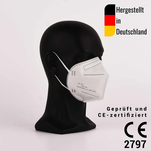 Atemschutzmaske FFP2 CE 2797, weiß hergestellt in Deutschland