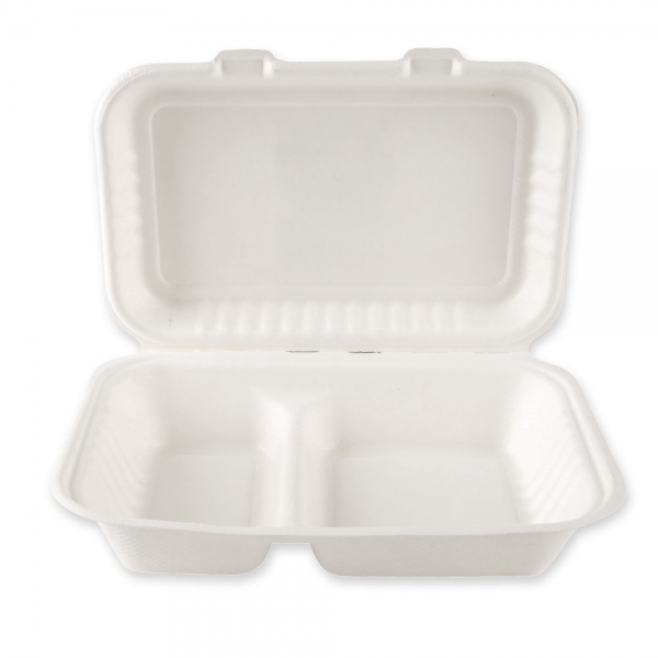 Bio Menübox mit Klappdeckel, 2-geteilt, aus Zuckerrohr – nachhaltige Lunchbox, 10x25 Stück