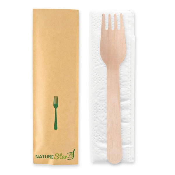 Bio Bestecksets Fork aus FSC® 100% Birkenholz – Holzgabel mit Serviette, 500x1 Stück