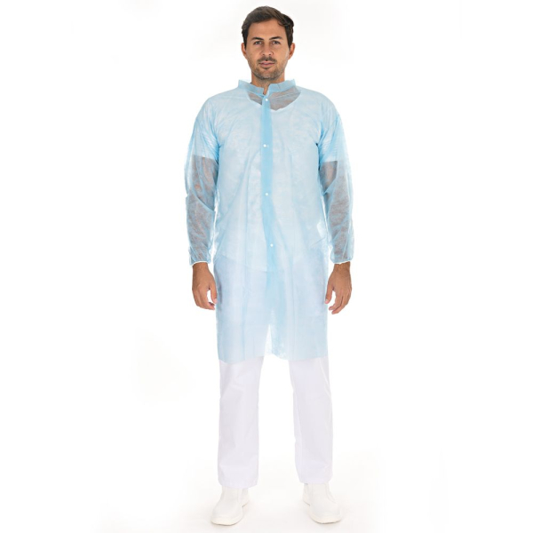 Besucherkittel Light mit Druckknöpfen & Stehkragen – Einweg PP-Vlies, 10x10 Stück