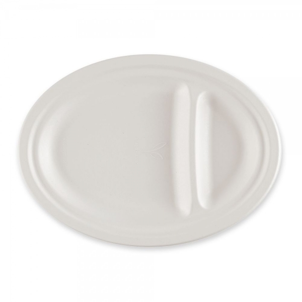 Bio Menüteller 2-geteilt oval aus Zuckerrohr – nachhaltiger, hitzebeständiger To-Go Teller, 10x50 St
