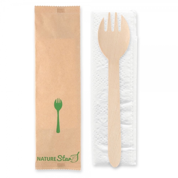 Bio Bestecksets Spork aus FSC® 100% Birkenholz – 2-teilig, hygienisch verpackt, 500x1 Stück