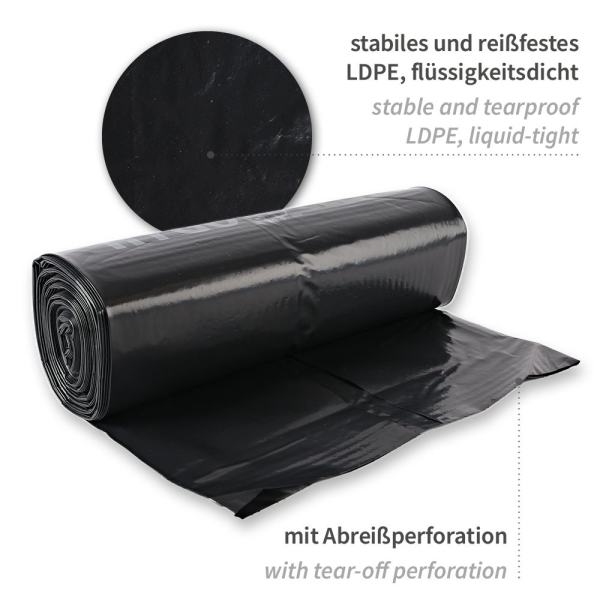 Müllsäcke Premium 120 Liter aus LDPE, 700 x 1100 mm, 80 my, auf Rolle – 100 Stück