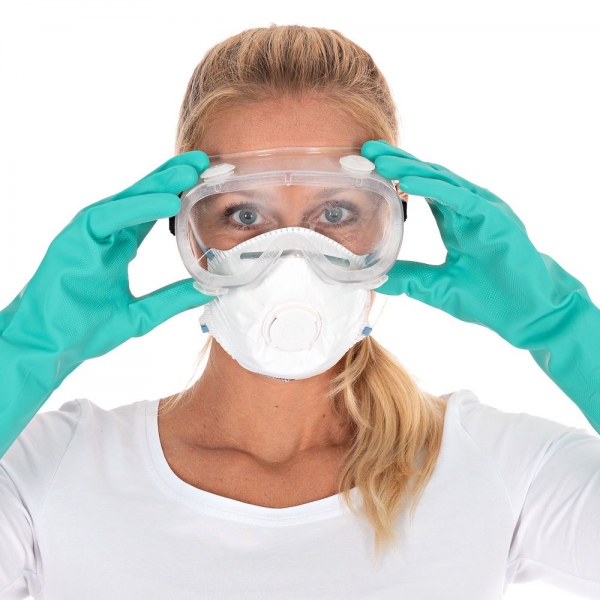 Labor-Reinigungsset, 3-teilig – Schutzbrille, FFP2 Atemschutzmaske & Chemikalienschutzhandschuhe