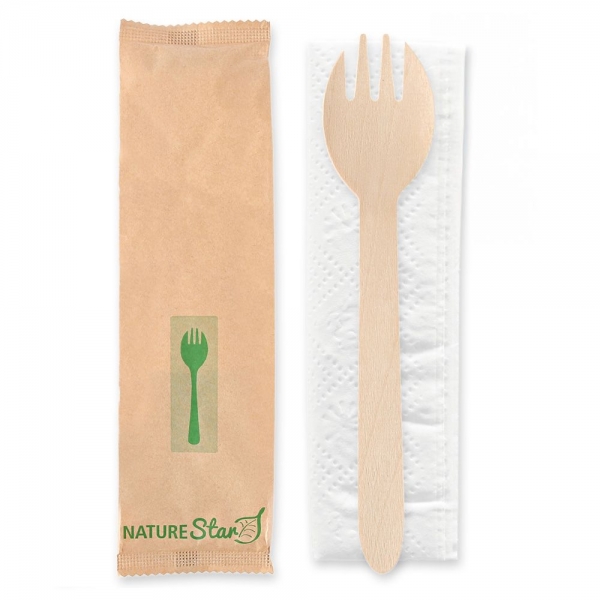 Bio Bestecksets Spork aus FSC® 100% Birkenholz – wachsbeschichtet, 2-teilig, 500x1 Stück