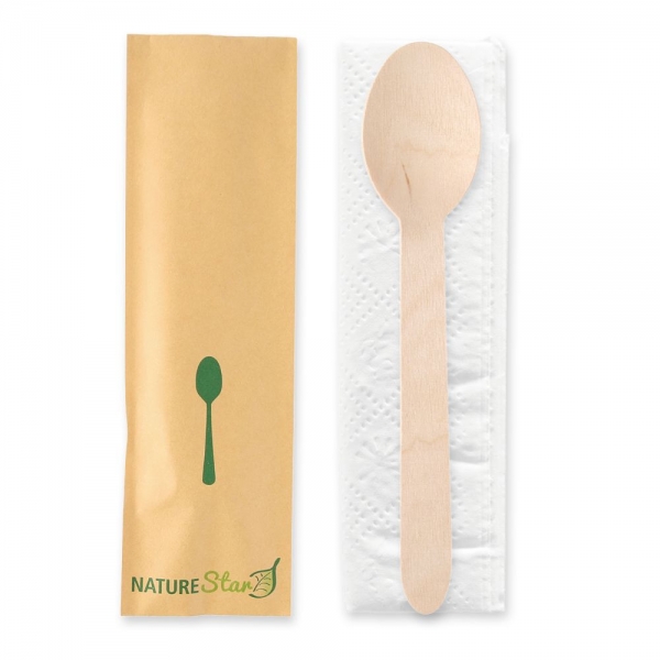 Bio Bestecksets Spoon aus FSC® 100% Birkenholz – Holzlöffel mit Serviette, 500x1 Stück