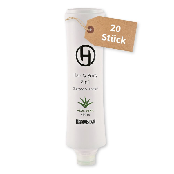 Hair & Body 2 in 1 Squeeze-Flasche 450 ml – Hotel-Shampoo & Duschgel mit Aloe Vera, 2x10 Stück