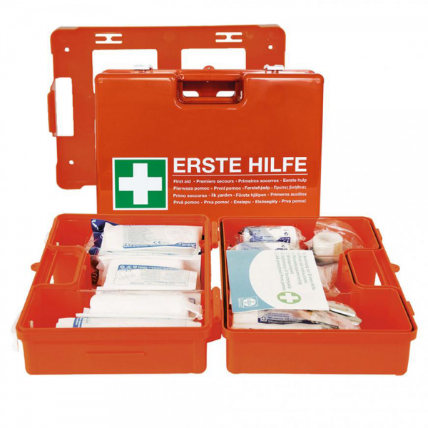 Verbandskoffer DOMINO DIN 13 157:2021 mit dektektierbaren Pflastern, orange