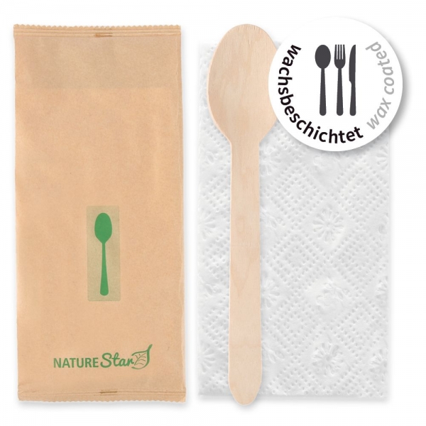 Bio Bestecksets Spoon aus FSC® 100% Birkenholz, wachsbeschichtet – Löffel und Serviette, 500x1 Stück