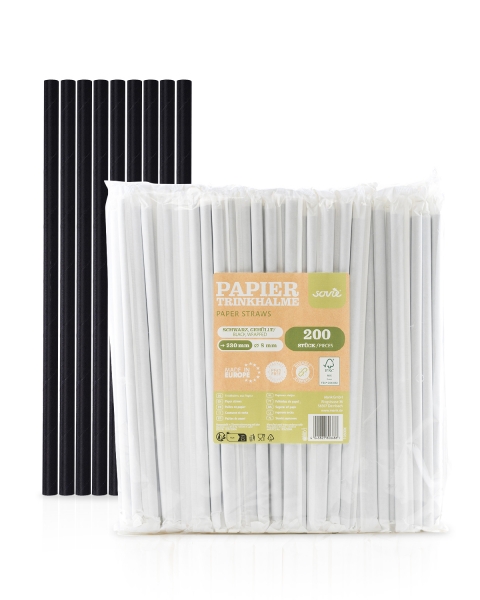 Trinkhalm einzeln verpackt aus Papier, Ø 8 mm / 23 cm, 200 Stück in Folienbeutel