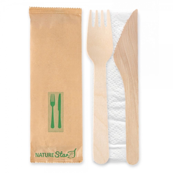 Bio Bestecksets Double aus FSC®, Birkenholz, gewachst – mit Messer, Gabel & Serviette, 500x1 Stück