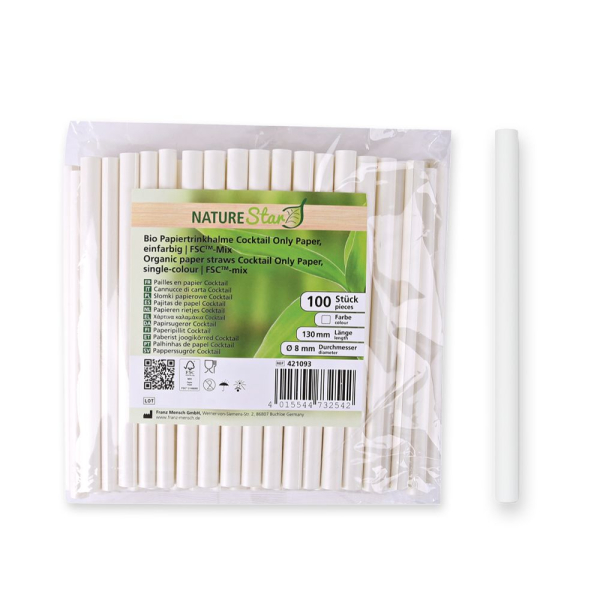 Bio Papiertrinkhalme Cocktail weiß Ø 8 mm aus FSC®-Mix Papier, 13cm, 1x14000 Stück