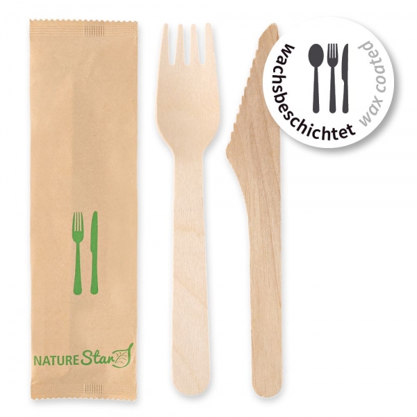 Bio Bestecksets Simple aus FSC® 100% Birkenholz, wachsbeschichtet, Messer & Gabel, 10x50 Stück