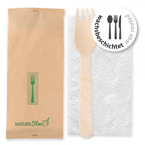 Bestecksets Fork aus FSC® 100% Birkenholz, wachsbeschichtet – 2-teilig mit Serviette, 500x1 Stück