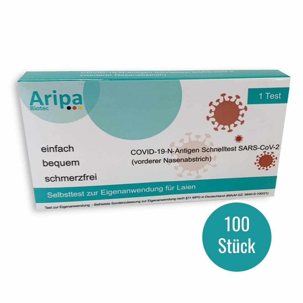 100 St. Aripa Biotec 1er Test COVID-19-N-Antigen Schnelltest (Nasaltest) Selbsttest für Laien
