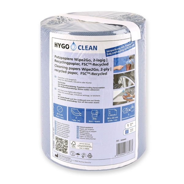 Franz Mensch Wipe2Go Putzpapier 2-lagig aus Recyclingpapier FSC®-Recycled, 6x1 Rolle à 315 Abrisse