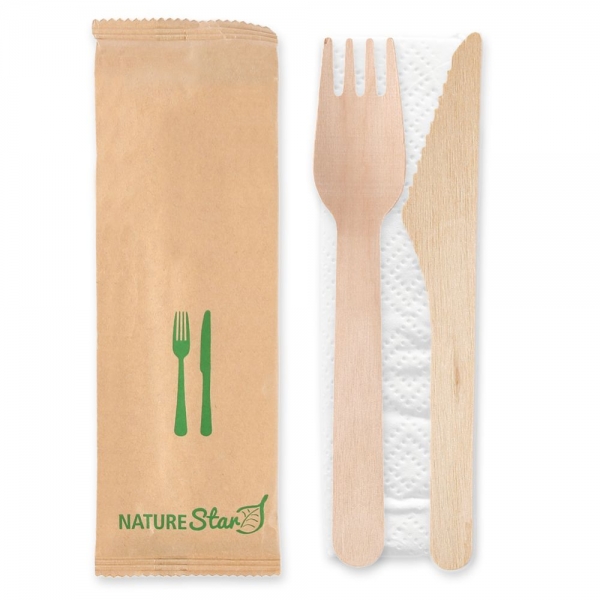Bio Bestecksets Double aus FSC® 100% Birkenholz, 3-teilig mit Messer, Gabel & Serviette, 500x1 Stück