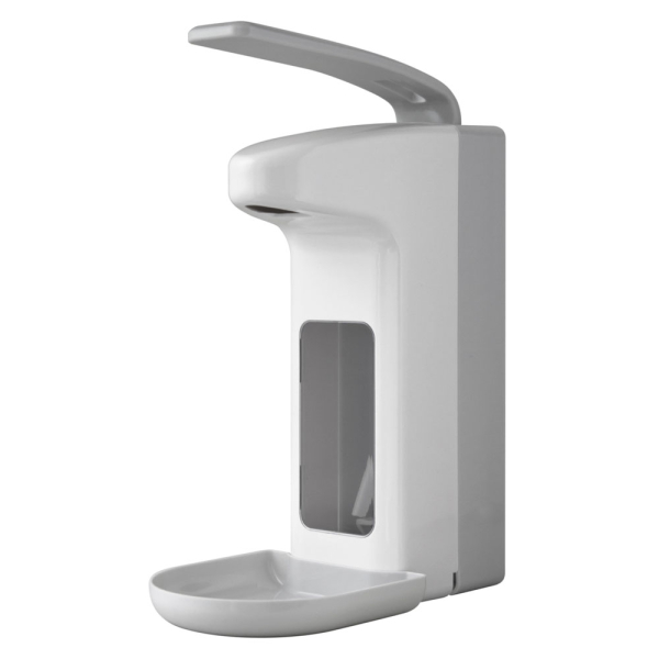 Desinfektionsmittelspender mit Armhebel 0,5 l – Robuster Kunststoff-Spender, weiß, 20,5 x 12 x 31 cm